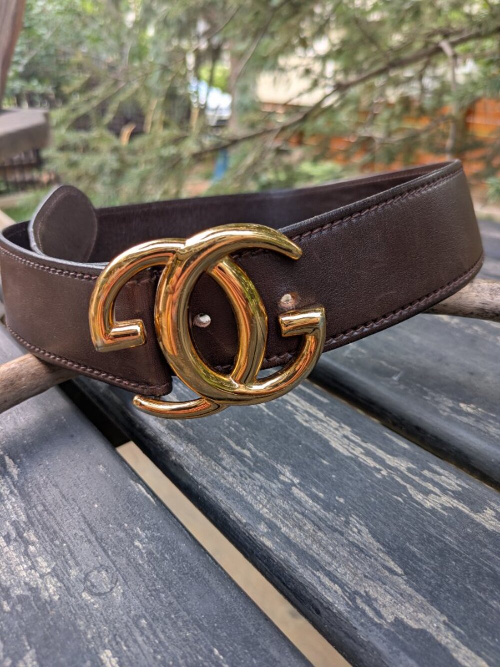 VTG Gucci Interlocking GG Belt Brown Leather Gold Buckle 1980s 85/34 Authentic.